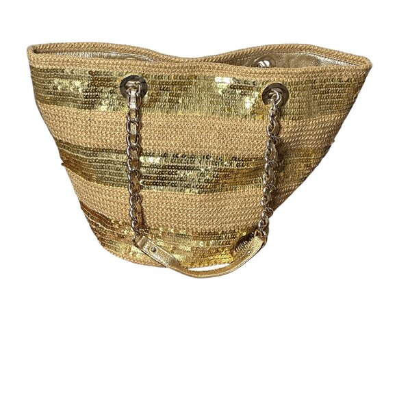 Kate Spade woven tote bag with gold sequins and gold leather and chain handles - Picture 5 of 10